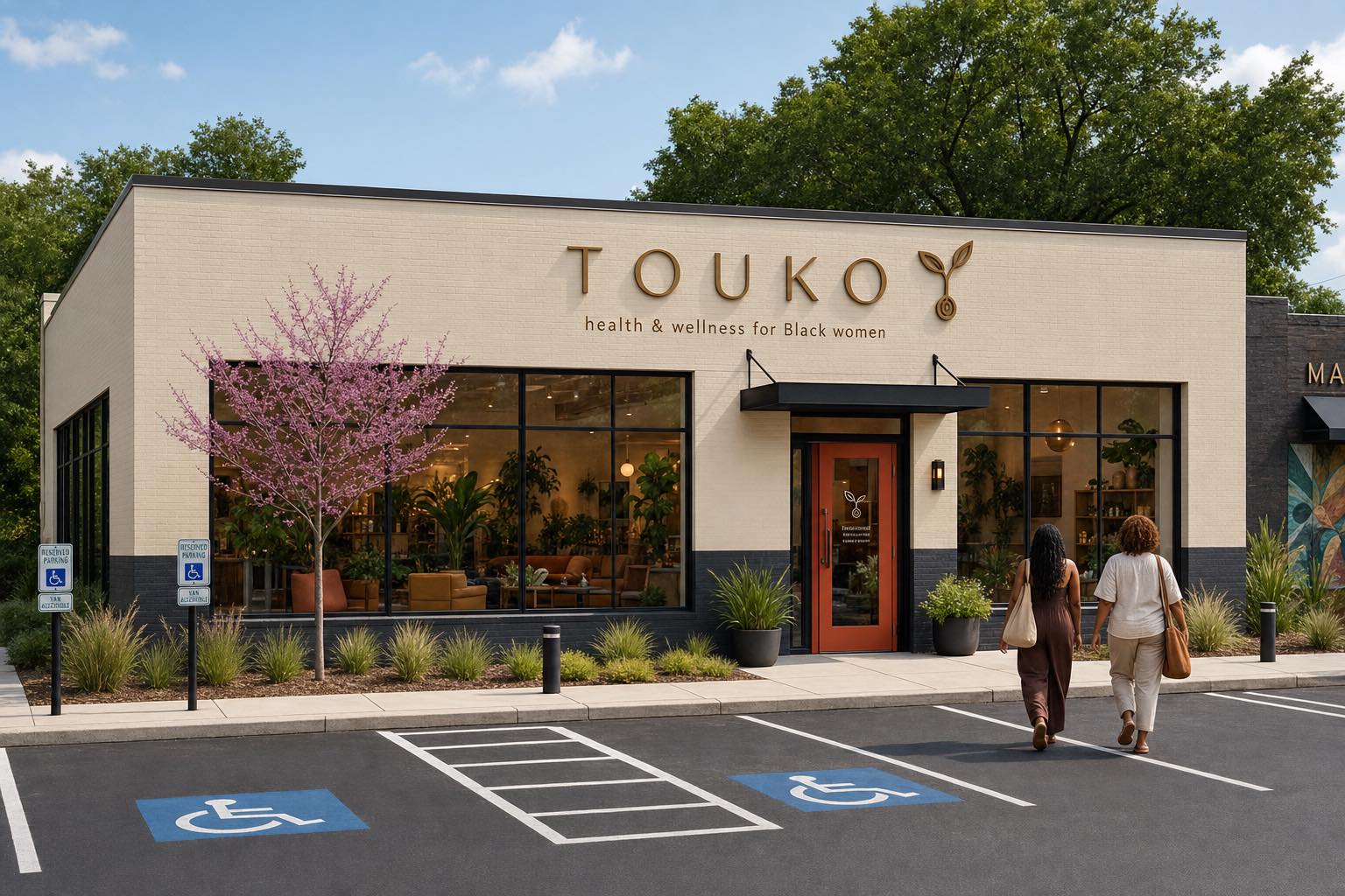 The Touko house in Charlotte — a warm brick building with a terracotta-orange front door and plants out front