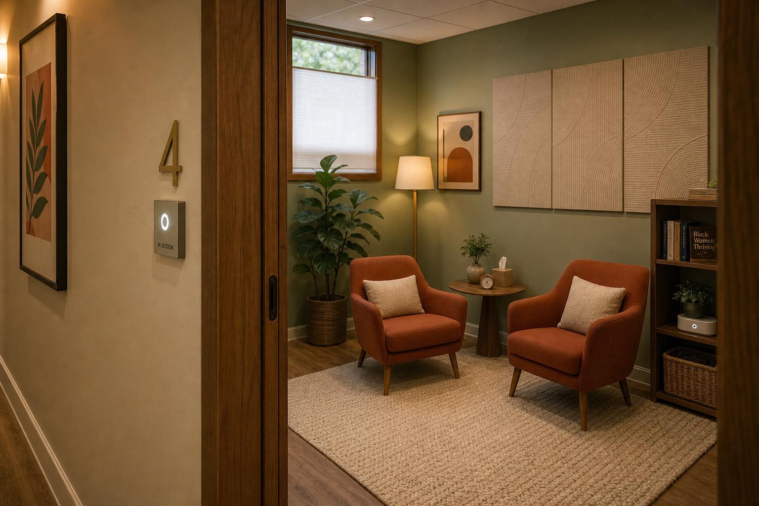 A private therapy suite at Touko with two armchairs and natural light